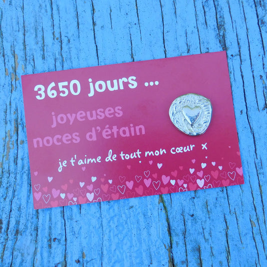 Cœur Unique Noces d’Étain, 3650 Jours de Mariage, Jeton Gravé en Étain sur Carte