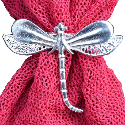 Dragonfly Scarf Ring (Lacy Wing Design), Handcast Pewter, Polished Finish