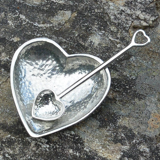 Heart Shaped Salt Bowl With Heart Spoon, Condiment Bowl, Handmade, In Fine Pewter, By William Sturt