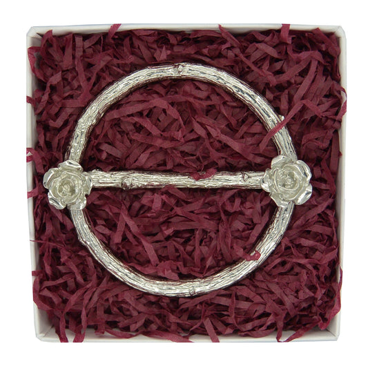 Rose Scarf Ring (Two Flowers), Oak Twig Circle, Handcast Pewter, Polished Finish