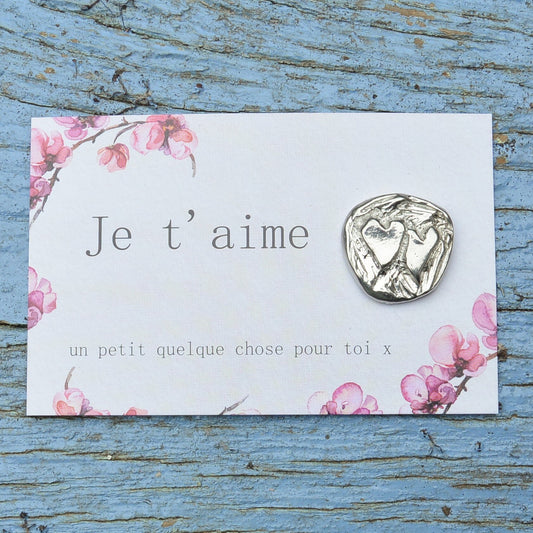 Je T'Aime pewter pocket charm, handmade in Fine Pewter by William Sturt