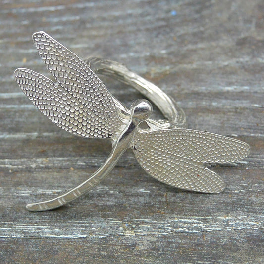 Dragonfly Scarf Ring (Textured Wing Design), Handcast Pewter, Polished Finish