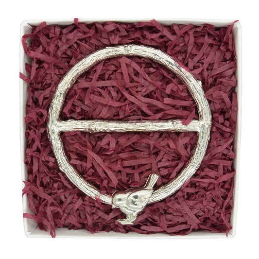 Robin Scarf Ring (Feeding Bird), Oak Twig Circle, Handcast Pewter, Polished Finish