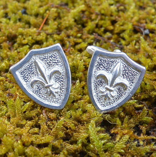 Shield Fleur-de-Lys Cufflinks, Handcast Pewter, Polished Finish