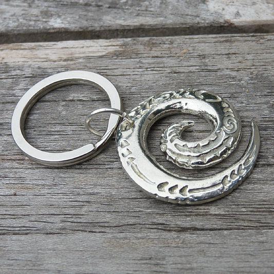 Maori Spiral Keyring, Engraved Spiral Key Fob, Handmade, by William Sturt, in Fine Pewter