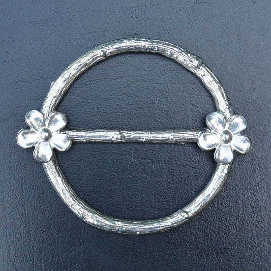 Two Daisy Scarf Ring, Oak Twig Circle, Handcast Pewter, Polished Finish