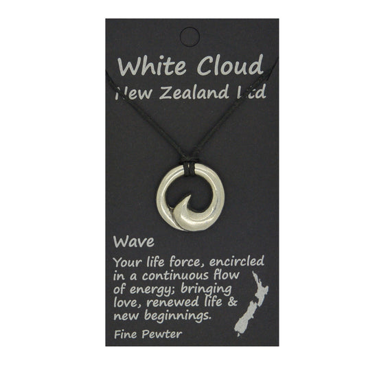 Wave Pendant Necklace (Small), Handcast Pewter on Adjustable Waxed Cord