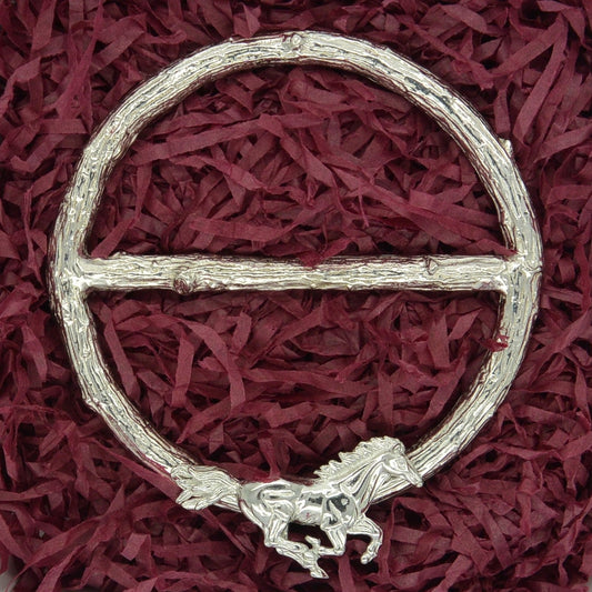 Cantering Horse Scarf Ring, Oak Twig Circle, Handcast Pewter, Polished Finish