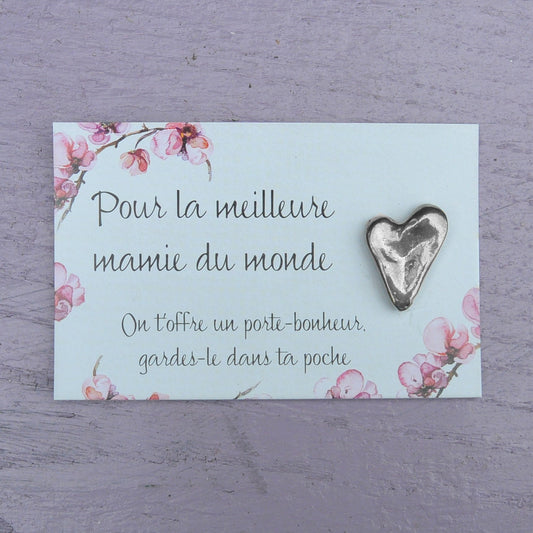 French Granny Heart Charm on Inspirational Card, Handmade in Fine Pewter, by William Sturt