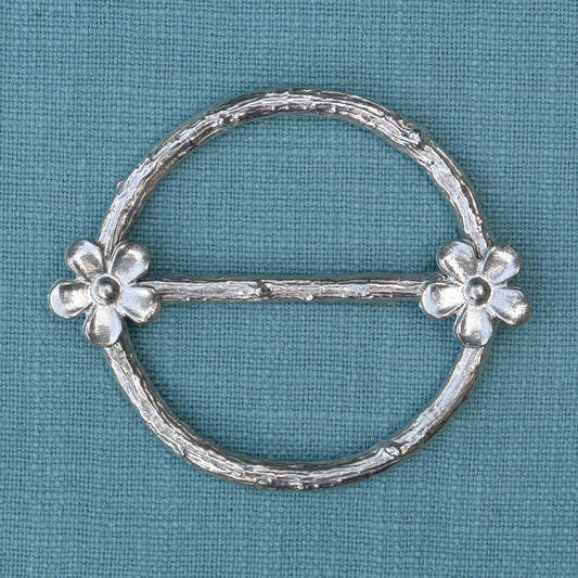 Two Daisy Scarf Ring, Oak Twig Circle, Handcast Pewter, Polished Finish