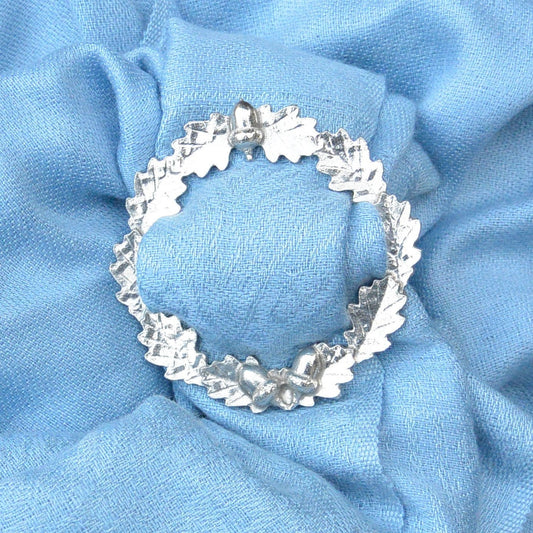 Oak Leaf & Acorn Scarf Ring, Handcast Pewter Circle, Polished Finish