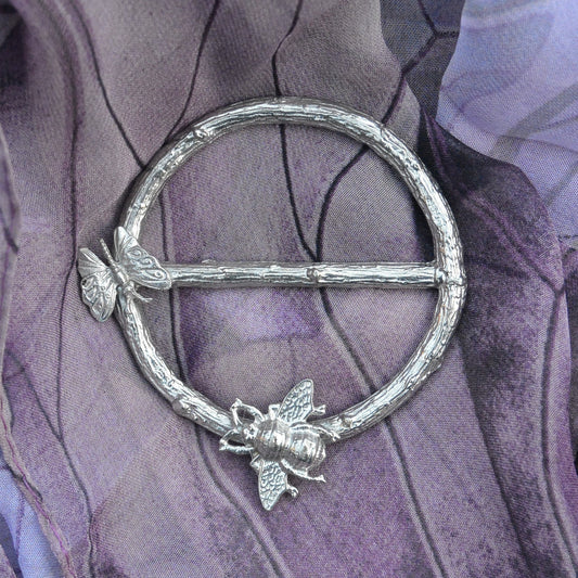 Bees and Butterfly Scarf Ring, Oak Twig Circle, Handcast Pewter, Polished Finish