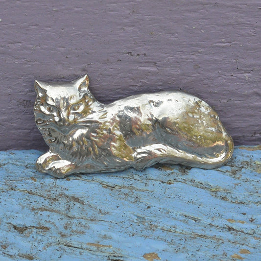 Cat Brooch (Lying Design), Handcast Pewter, Polished Finish