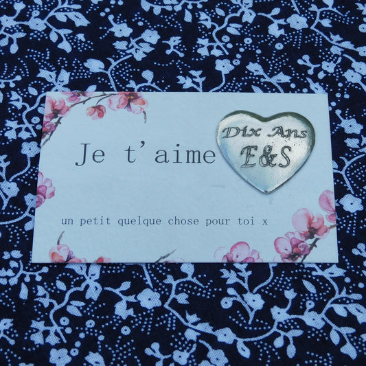 Personalised Heart Pocket Token, French Love Token, Je T’Aime, With Initials. Handmade in Fine Pewter, by William Sturt