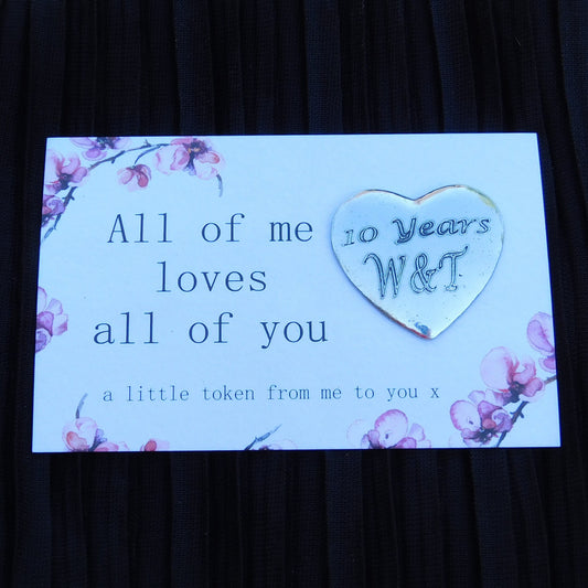 Personalised Heart Pocket Token, With Initials, For 10 Year Anniversary, Initial Hearts, Handmade in Fine Pewter, by William Sturt