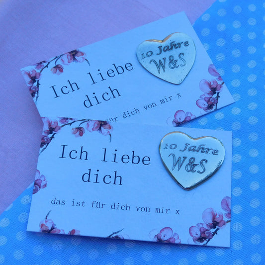 Two Personalised Heart Pocket Tokens, His and Hers, Ich Liebe Dich, 10 Years Anniversary, Handmade in Fine Pewter, by William Sturt