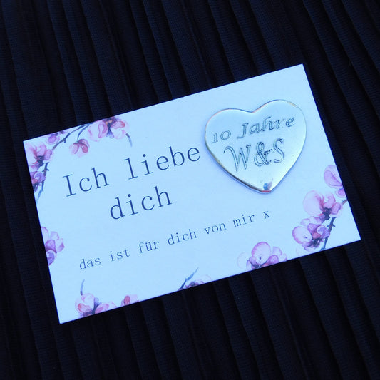 Personalised Heart Pocket Token, Ich Liebe Dich, 10 Years Anniversary, Handmade in Fine Pewter, by William Sturt