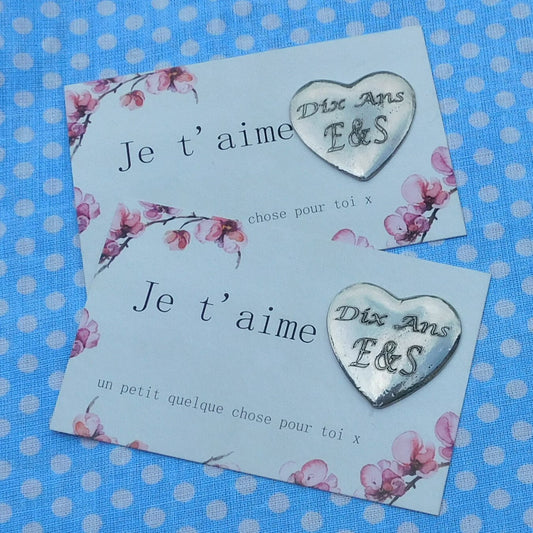 Two Personalised Heart Pocket Tokens, His and Hers French Dix Ans (10 Years) Wedding Anniversary, Handmade in Fine Pewter, by William Sturt