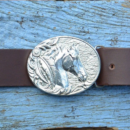 Brown Leather Belt, Cheval Buckle in Hand Cast Pewter, by William Sturt