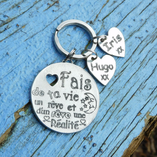 Personnalised Keyring, French Dreams Come True Keyring, Fais De Ta Vie Un Rêve et D'Un Rêve Une Réalité, Handmade Pewter, by William Sturt