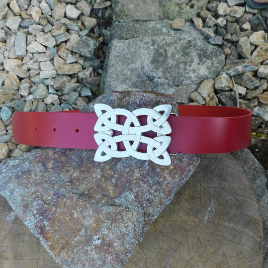 Red Leather Belt, Celtic Rectangel Buckle in Hand Cast Pewter, by William Sturt