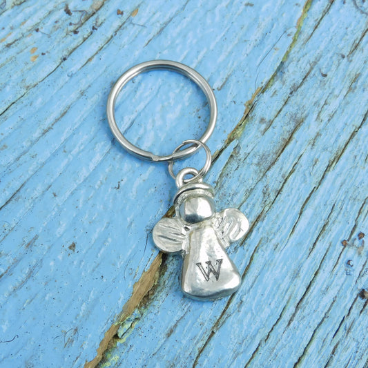Personalised Guardian Angel Keyring, Bereavement Gift, Initial Angel Key Fob, Handmade, by William Sturt, in Fine Pewter