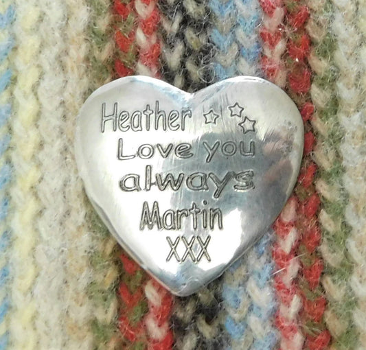 Personalised Heart Token, Love You Always Handmade, in Finest Pewter, by William Sturt.