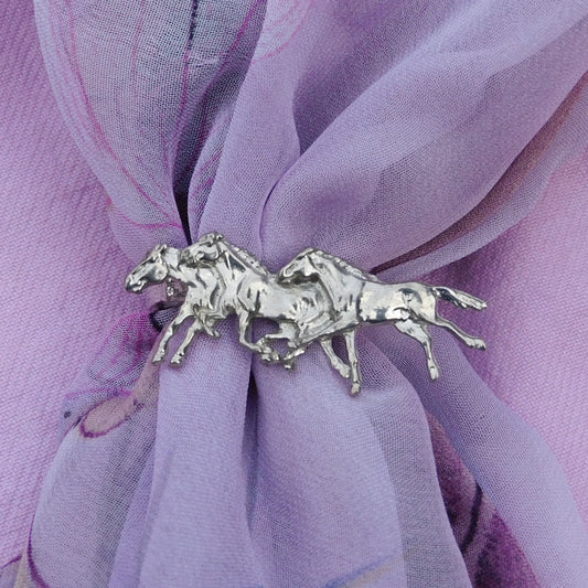 Three Galloping Horses Scarf Ring, Handcast Pewter, Polished Finish