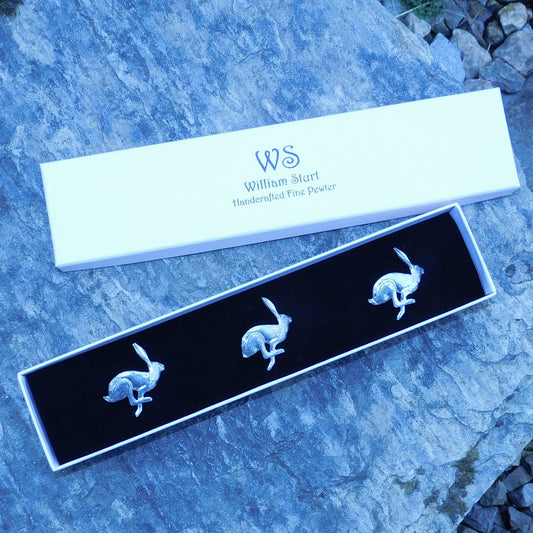 Set of Hare Candle Pins, Three Hare Candle Decorations, Handmade, in Finest Pewter, by William Sturt