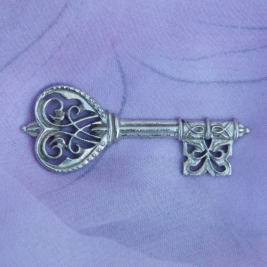 Key Brooch (Ornate Design), Handcast Pewter, Polished Finish