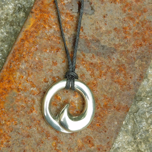 Maori Wave Pendant Necklace (Small), Handcast Pewter Pendant on Adjustable Waxed Cord
