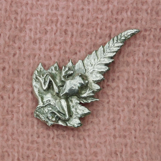 Frog on Leaf Brooch, Handcast Pewter Brooch, Polished Finish