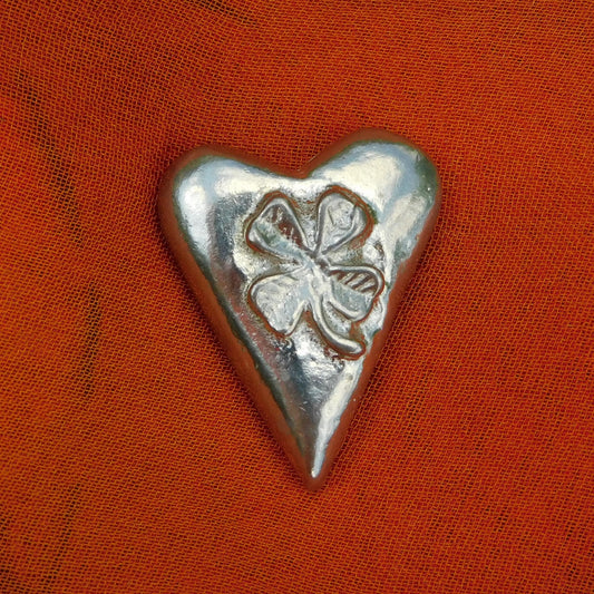 Lucky Clover on Heart Pocket Token, Irish Shamrock, Hand Cast in Finest Pewter by William Sturt.
