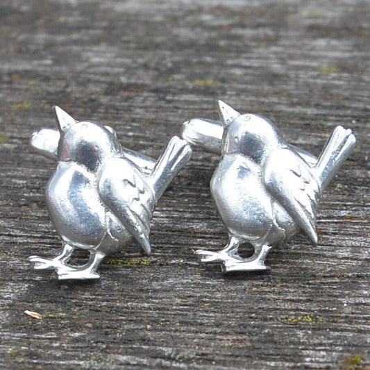 Wren Cufflinks, Handcast Pewter Cufflinks, Polished Finish