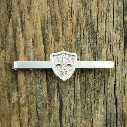 Fleur-de-Lys Shield Tie Clip, Handcast Pewter with a Highly Polished Finish