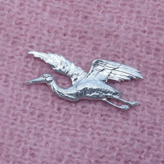 Stork Brooch, Handcast Pewter, Polished Finish