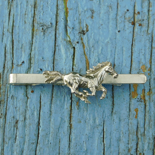 Galloping Horse Tie Clip, Handcast Pewter Tie Clip, Polished Finish