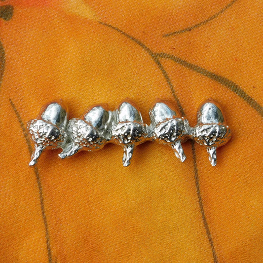 Acorn Brooch (Five Acorns Design), Handcast Pewter Brooch, Polished Finish
