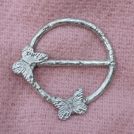 Butterfly Scarf Ring, Oak Twig Circle, Handcast Pewter, Polished Finish