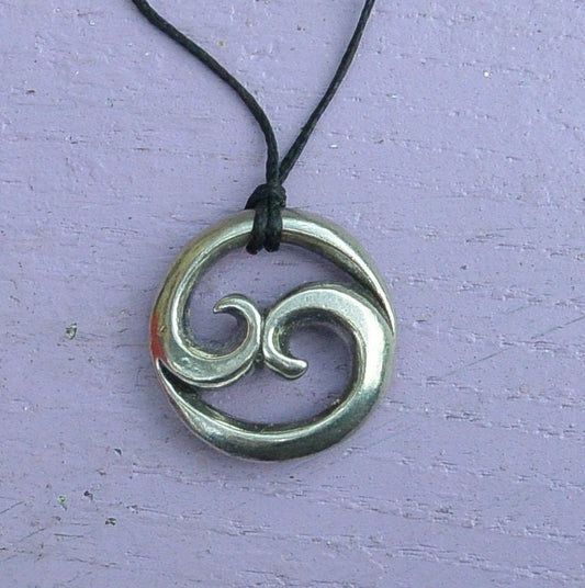 Twin Wave Pendant Necklace (Chunky Design), Handcast Pewter on Adjustable Waxed Cord