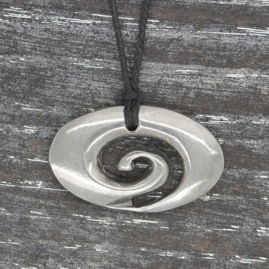 Oval Koru Spiral Pendant Necklace, Handcast Pewter on Adjustable Waxed Cord