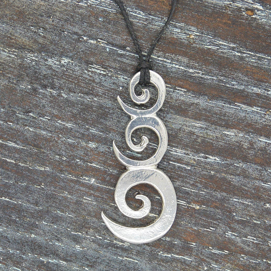 Triple Spiral Pendant Necklace, Handcast Pewter on Adjustable Waxed Cord