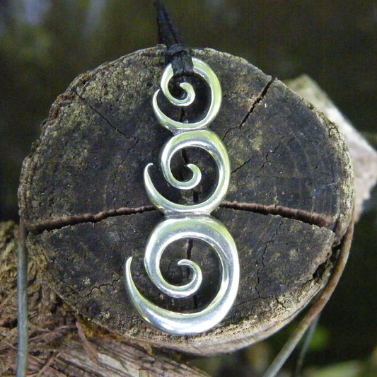 Triple Spiral Pendant Necklace (Rounded Design), Handcast Pewter Pendant on Adjustable Waxed Cord