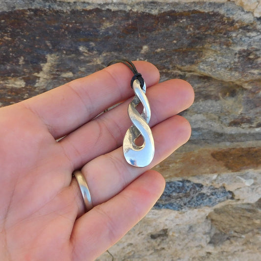 Triple Infinity Loop Pendant Necklace (Twisted Design), Handcast Pewter Pendant on Adjustable Waxed Cord