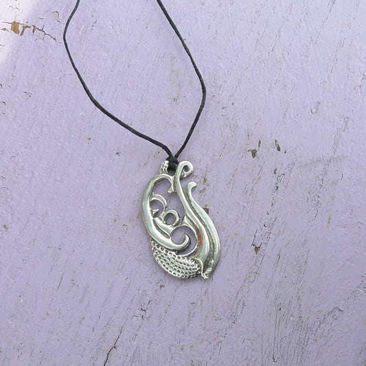 Engraved Manaia Pendant Necklace, Handcast Pewter Pendant on Adjustable Waxed Cord