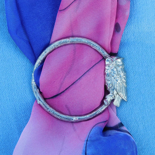 Owl Scarf Ring (Perched Owl), Oak Twig Circle, Handcast Pewter, Polished Finish