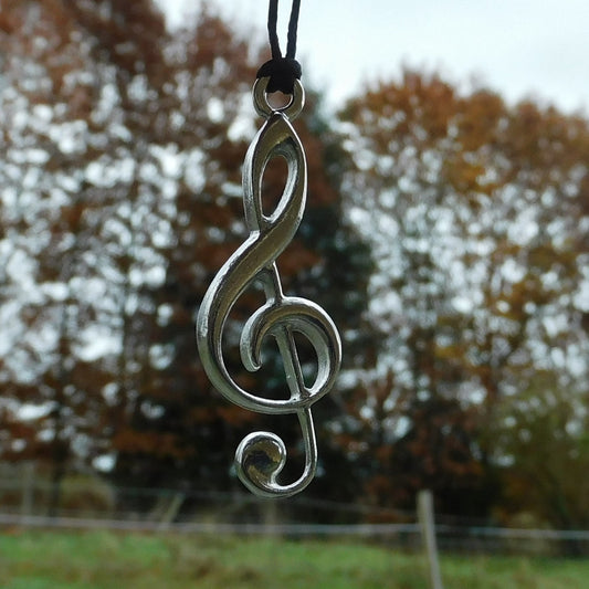 Treble Clef Pendant Necklace, Handcast Pewter on Adjustable Waxed Cord