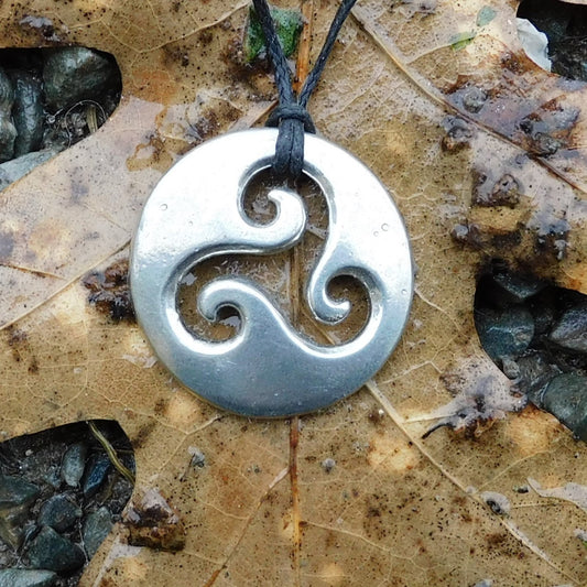 Triskele Pendant Necklace (Round), Handcast Pewter on Adjustable Waxed Cord