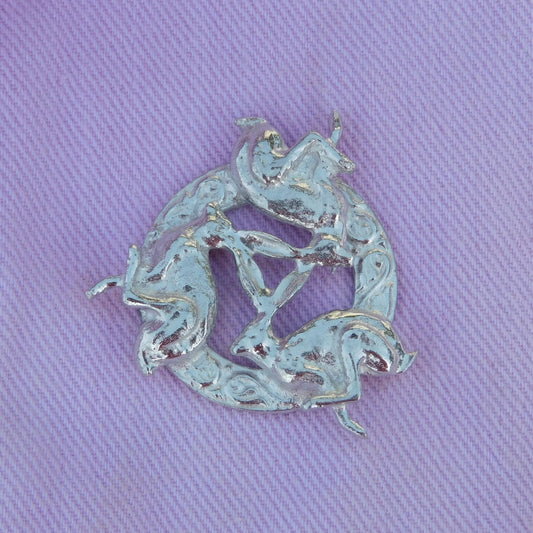 Three Hares Brooch (Clockwise, Celtic Circle), Handcast Pewter, Polished Finish