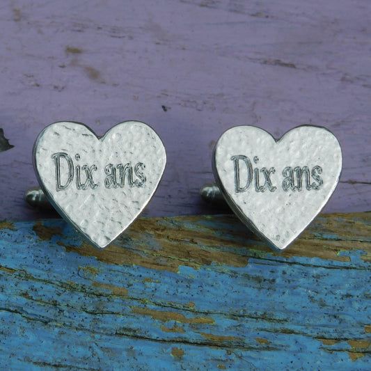 Hammered Heart Cufflinks (Personalised), Handcast Pewter Cufflinks, Polished Finish
